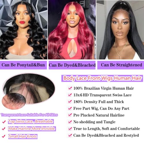 JTMMP 18 Inch Body Wave Lace Front Wigs Human Hair Pre Plucked 200% Density 13x6 Lace Front Wigs Human Hair HD Transparent Lace Frontal Wigs Human Hair for Women Natural Black