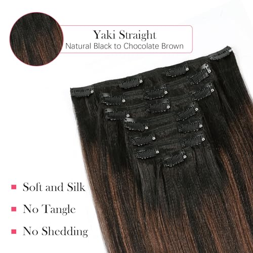 Sassina Yaki Straight Clip in Human Hair Extensions Double Weft Clip on Hair Extensions Natural Black to Chocolate Brown Double Remy Hair Extensions Clip in Human Hair 120 Grams 16 Inch 7 Pcs