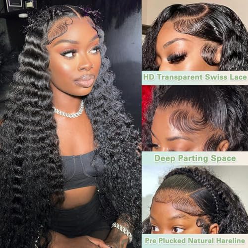 26 Inch Deep Wave Lace Front Wigs Human Hair, 13x4 HD Curly Lace Front Human Hair Wet Wavy Waterwave Glueless Frontal Deep Wave Wig for Women, Pre Plucked, 180 Density, Average Cap, Tangle Free