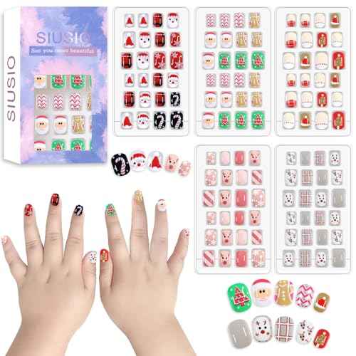 SIUSIO 120Pcs 5 Pack Press on Nails kids Children Acrylic Fake Nails Cute Pre-glue Full Cover Gradient Color Rainbow Short Stick On False Nail Art Kits Set for Kids Little Girls - Christmas Elves