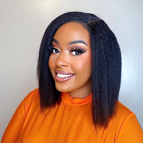 BLY 6x4 HD Lace Glueless Bob Wig Classic Yaki Human Hair Kinky Straight Hair Ready to Wear and Go Short Bob Lace Pre Cut Pre Plucked for Women Natural Black Color Hair 16 Inch