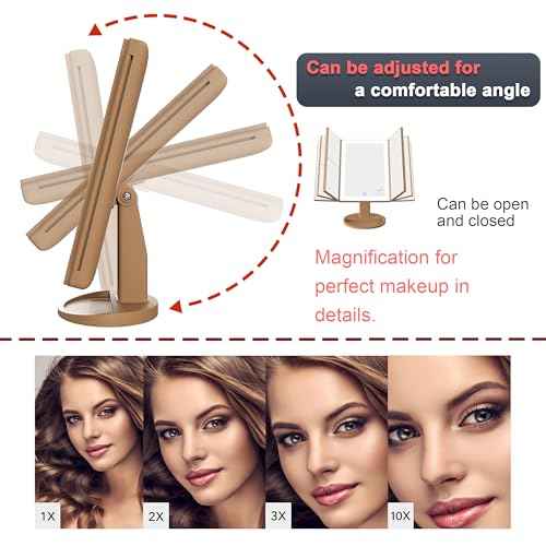 RoLeDo Trifold Lighted Makeup Mirror with 72 LED Lights, Magnification 1X/2X/3X/10X, Cheetah Leopard Print Vanity Mirror with Lights, 3 Color Lighting Modes, Dual Power, Gift Box Set