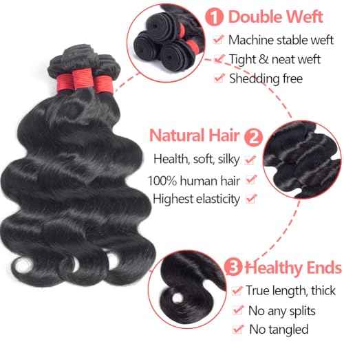 Body Wave Bundles Human Hair 14 16 18 Inch Human Hair Bundles 3 Wavy Bundles 12A Brazilian Unprocessed Virgin Hair Extensions Human Natural Color Hair