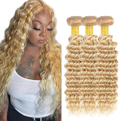26 28 30 inch Honey Blonde Bundles P27/613 Human Hair Bundles Blonde Deep Wave Bundle Double Weft 613 and 27 Bundle