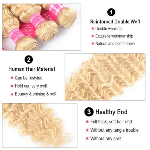 613 Blonde Deep Wave Human Hair Extensions 10-14 Inch Double Weft Wig, 12A Grade, 3 Bundles, Tangle Free, Curly, 90% Density