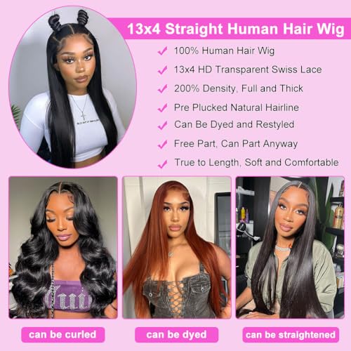 Straight Lace Front Wigs Human Hair 200 Density HD Lace Front Wigs 28 Inch Straight Hair Wig with Baby Hair Virgin Straight Lace Frontal Wig Human Hair Natural Black