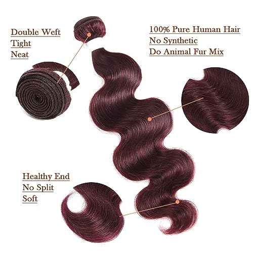 REMY HAIR 99j Bundles Body Wave Human Hair Bundles Red Burgundy Hair Extension 1 Bundle 18 Inch Brazilian Virgin Human Hair for Black Women Body Wave Bundles