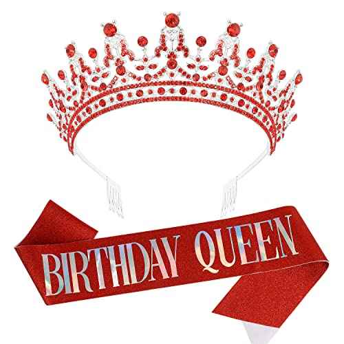 SuPoo Birthday Crown & Sash - Glitter Red Birthday Queen Crown with Comb & Tiara for Women - Crystal Headband Princess Decorations