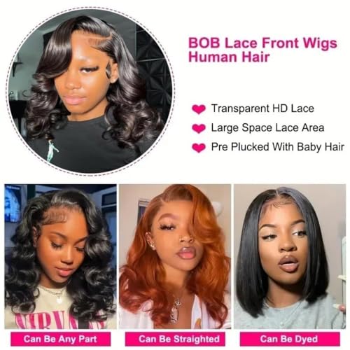Caijuxing 16 Inch Bob Wig Human Hair 13x6 HD Lace Frontal Wig 220% Density Body Wave Lace Front Wigs Human Hair Pre Plucked Bob Wigs for Women Natural Black