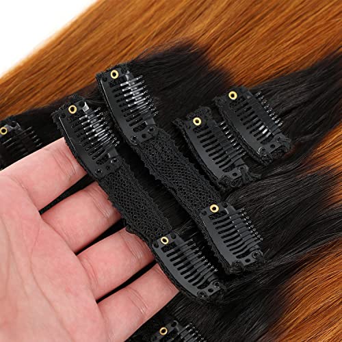 Ombre Clip in Hair Extensions Straight Human Hair 140g 100% Human Hair 8Pcs Total of 18 Clips #1B/30 Brown Hair Extensions for Black Women Hair (22 Inch, 1B/30 Brown£©