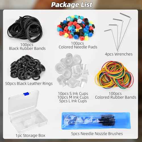 Tattoo Rubber Bands Tattoo Rubber Grommets Set Needle Tip Cleaning Brush Tattoo Wrenches Tattoo Ink Cups Tattoo Coil Machine Parts Supplies with Storage Box
