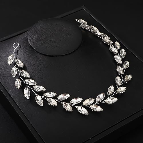 Teyglen Bride Wedding Crystal Hair Vine Silver Full Crystal Headband Bridal Hair Accessories Wedding Headpiece Handmade Rhinestone Hair Piece Headband for Women (Silver)