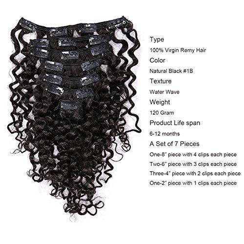 Anrosa Water Wave Clip in Hair Extensions Human Curly Hair Natural Black 1B Double Weft for Black Women, Wave, 20 Inch 120 Gram