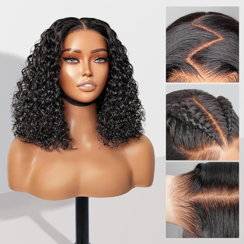 Wear and Go Glueless Wigs Human Hair Pre Plucked Pre Cut 6x4 Short Curly Bob Lace Front Wigs for Black Women Natural Hairline Water Wave Lace Front Wigs 200% Density 14 Inch