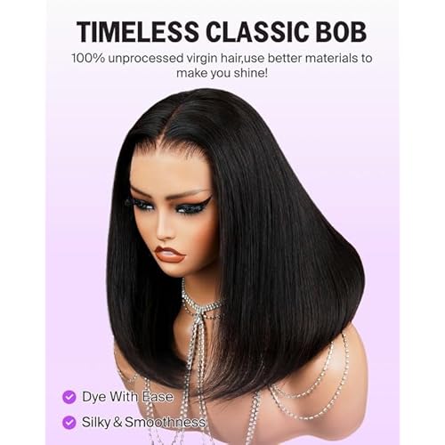 Short Bob Wig Human Hair 13x4 HD Lace Front Wig Human Hair Pre Plucked with Baby Hair 210% Density Natural Black Straight Bob Wigs for Black Women 10 Inch
