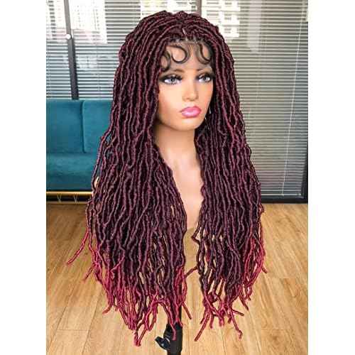 Annivia 32Inch Full Double Lace Box Braided Wigs for Black Women Faux Locs Square Knotless Wigs with Baby Hair Long Dreadlock Wig Natural Black Hand-braided Synthetic Twist Lace locs Wig Ombre Red