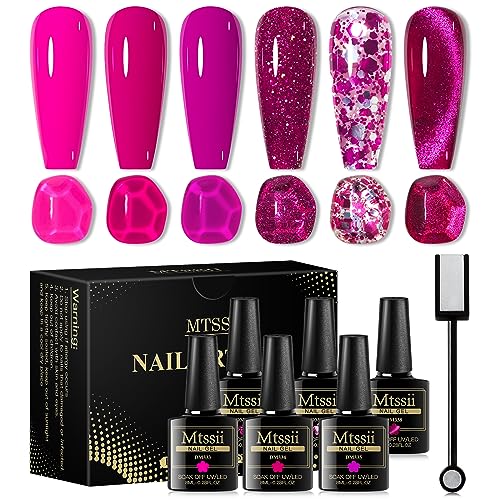 MTSSII Hot Pink Gel Nail Polish and Cat Eye Gel Nail Polish Spring Summer Hot Pink Red Purple Reflective Glitter Gel Polish for DIY Nail Art at Home