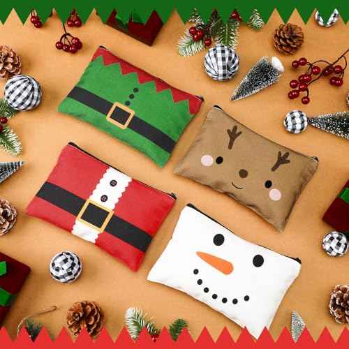 Reginary 4 Pieces Christmas Makeup Bags Bulk Christmas Gifts Cosmetic Bags with Zipper Xmas Portable Canvas Pouch Pen Pencil Pouch for Women Holiday Travel Xmas Party Gifts Supply