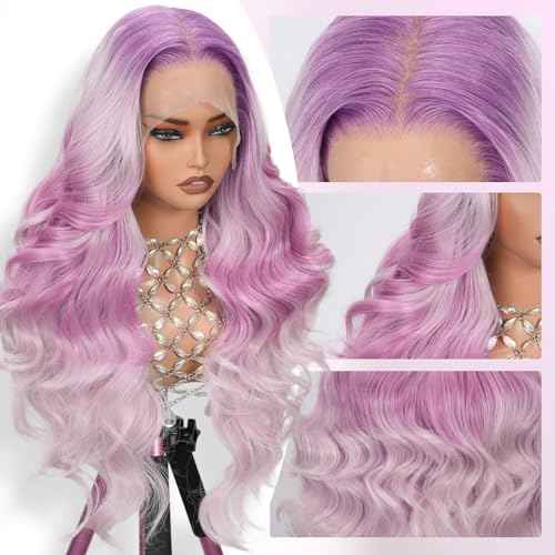 Pink and Purple Ombre Lace Front Wig, 13x6 Glueless Body Wave Human Hair Wig with HD Transparent Lace, Pre Plucked & Baby Hair