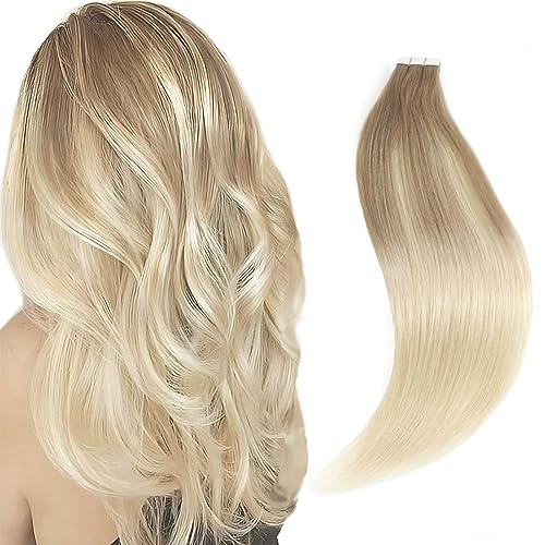 Sixstarhair Blonde Balayage Tape In Hair Extensions Seamless Skin Weft Invisible Double Sided Tape Glue In Hair for Women,Brown Fading to Ash Blonde [Color B8-60#-20 inch]