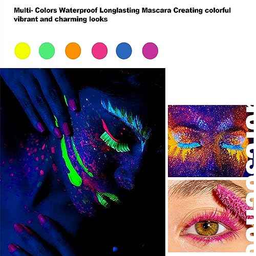 MAEPEOR Neon Mascara 6 Colors Blacklight Eyelash Waterproof and Smudgeproof Longlasting Fluorescent Mascara for Daily Wear and Halloween Christmas (Set 01)