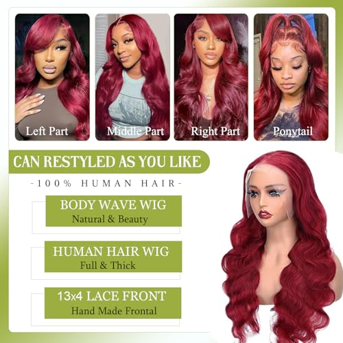 Burgundy Lace Front Wigs Human Hair 13x4 Body Wave 99j Burgundy Human Hair Wig with Free Part Pre Plucked HD Frontal 180 Density Glueless Colored Wig for Women 26 Inch