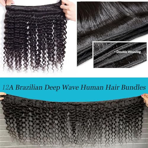 Great Grace 12A Deep Wave Human Hair Bundles 14 16 18 Inch Curly Bundles Human Hair 100% Unprocessed 3 Bundle Brazilian Virgin Human Hair Extensions Quick Weave Natural Black Color