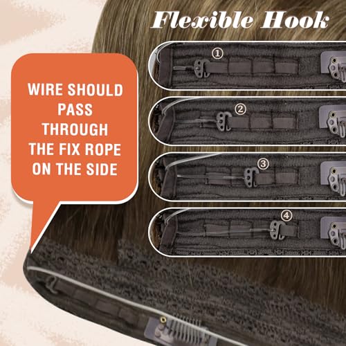 Sunny Hair Wire Hair Extensions Real Human Hair Fish Line Human Hair Extensions Invisible Wire Extensions Dark Brown to Caramel Blonde with Dark Brown Highlights #4/27/4 18 Inch