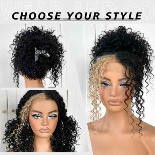 13x6 Skunk Stripe Curly Wig Wear And Go Glueless Wig Pre-Plucked Synthetic Lace Front Wig Pre-Cut Afro Kinky Layred Wig With Natural Hairline 18 Inch