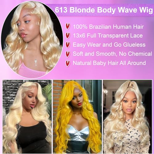 613 13x6 Lace Front Wigs Body Wave Human Hair Blonde 613 Body Wave 13X6 HD Lace Front Wigs Pre Plucked Lace Frontal Wig Loose Wave Glueless Wig Human Hair Business Daily Wear Wig for Women 20 Inch