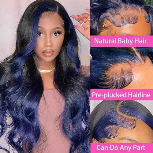 YMS Ombre Blue Wigs Human Hair 13x4 HD Lace Front Wig Pre Plucked With Baby Hair 180% Density Dark Blue 16Inch Colored Skunk Stripe Glueless Lace Frontal Wigs for Women