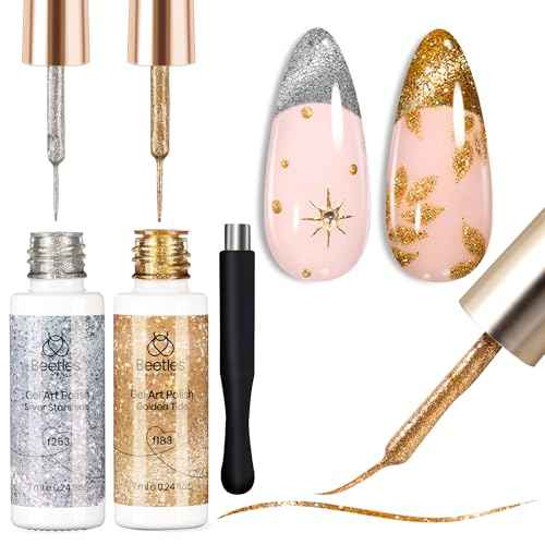 Beetles Nail Art Polish- 2 Colors Cat Eye Liner Gel Polish Gold Sliver Glitter Gel Nail polish Soak Off UV Built Thin Nail Brush in Bottle Gifts for Women
