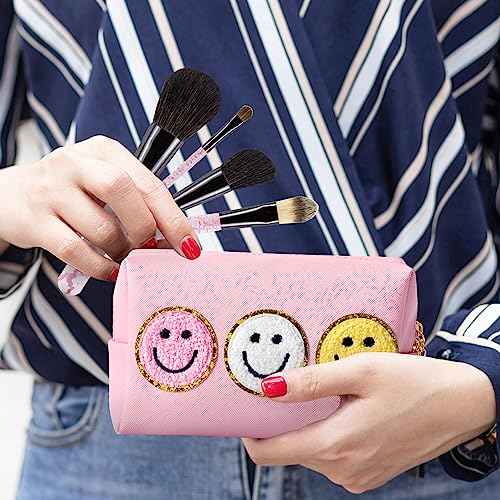 Preppy Smile Cosmetic Toiletry Bag - Pink Patch Varsity Makeup Bag with Zipper Aesthetic Waterproof Portable PU Leather Spring Travel Office Birthday Party Gifts for Women Teens