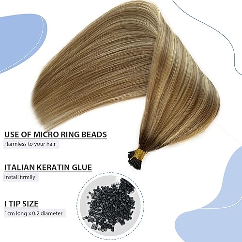 24Inch I Tip Human Hair Extensions Balayage Ash Blonde to Platinum Blonde Highlight Pre Bonded Hair Extensions Ombre Balayage 50 Strands 50G Keratin Stick Tip Remy Hair
