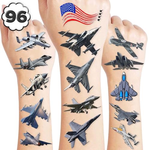 96PCS Jet Temporary Tattoos Pre-Cut Fighter Jet Birthday Party Decorations Party Favors Supplies Aircraft Plane Airplane Military Tattoos Stickers for Kids Boys Girls Gifts (Normal)