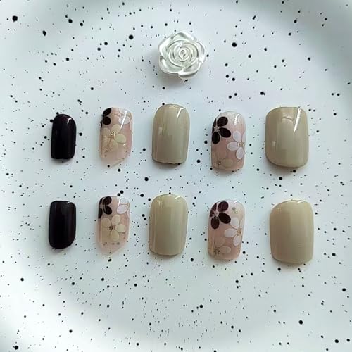 Press on Nails Short Square Fake Nails with Flower Designs Simple Glue on Nails Full Cover False Nails Press ons Acrylic Glossy Stick on Nails for Women Girls 24 Pcs
