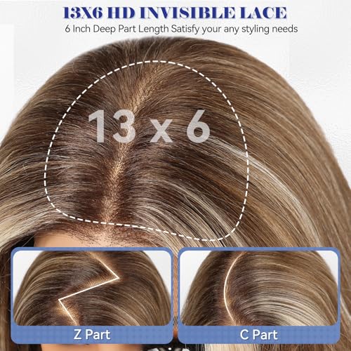 HAIRCUBE 13x6 HD Lace Front Wig Synthetic 22 Inch Brown Highlight Long Wave Layered Glueless Wig for Women, Natural Look Daily Wear