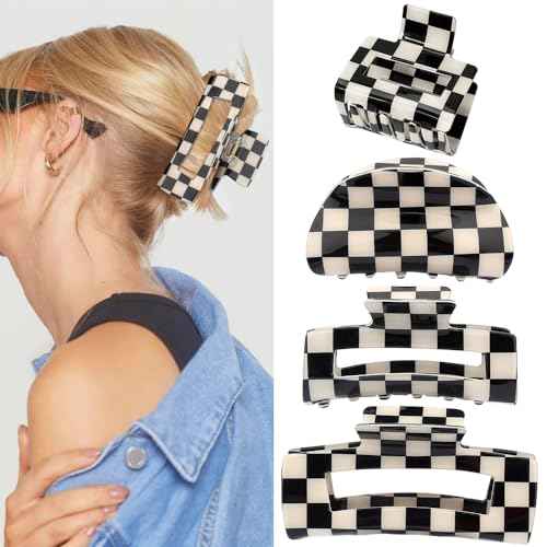 Checkered Hair Clips for Thick Thin Hair 4Pcs Large Medium Small Square Claw Clips Non Slip Strong Hold Jaw Clips Y2K Hair Accessories for Women Girls Black White