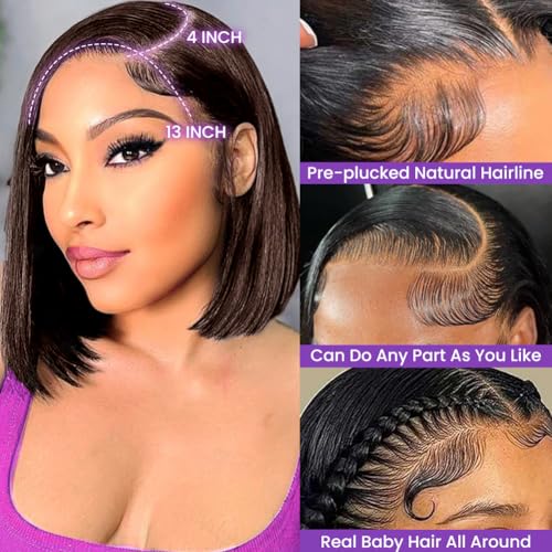 Dark Brown Bob Wig Human Hair 13X4 Lace Front Wigs Human hair 180% Density Short Straight Frontal Bob Wig HD Transparent Lace Frontal wigs Pre Plucked for Women With Baby Hair Dark Brown Color 14 Inch
