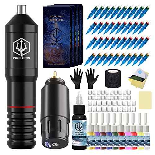 Tattoo Pen Kit - POSEIDON Wireless Tattoo Machine Kit, Tattoo Gun Kit with Tattoo Power Supply and 40 Pcs Tattoo Cartridge Needles, Complete Tattoo Kit Supplies for Beginners(PTK018)