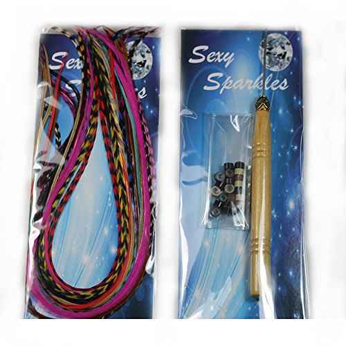 Feather Hair Extension ? 100% Real Rooster Grizzly and Solid Feathers, Rainbow Colors Individual Feathers, Ranging From 8 to 11 Inches in Length, Total of 20 Feathers, Includes Beads and Loop Tool Kit