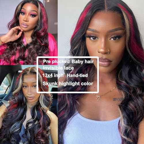 Highlight Red Skunk Stripe Blonde Synthetic Lace Front Wig Glueless Long Wavy Colored Mixed Red Black 13x4 Lace Front Wigs for Women Pre Plucked with Baby Hair 24 Inches 150 Density