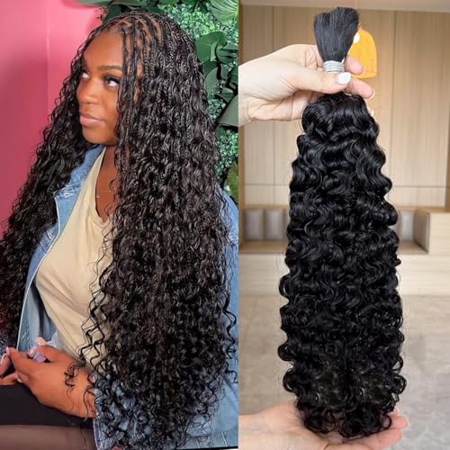 Lemoda Boho Human Braiding Hair Burmese Curly Bulk Human Hair Extensions For Bohemian Knotless Braids No Weft 24Inch 1Bundle/Lot 100g/1Bundle 1B Natural Black Salon-Quality