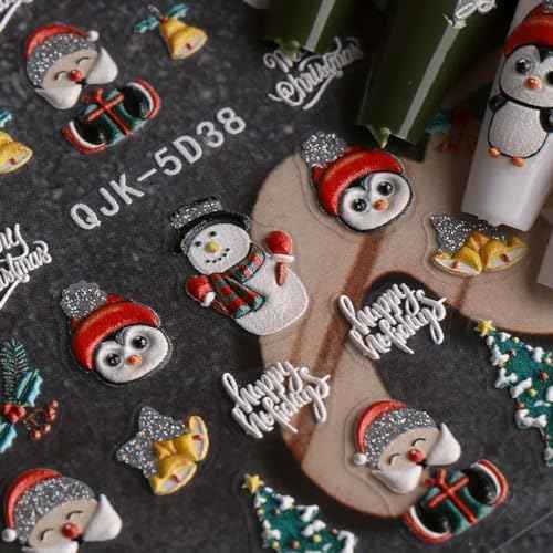 Christmas Nail Art Stickers White Snowflake 5D Embossed Nail Decals for DIY or Nail Salon, Self-Adhesive Santa Claus Xmas Tree Green Dwarf Design Acrylic Stickers Nail Art Supplies for Women Decor