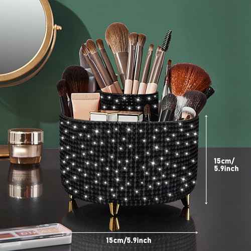 Diesisa Bling Diamond 360¡Æ Makeup Brush Holder Organizer, Rotating Makeup Brush Organizer,5 Slot Make up Brushes Cup for Cosmetics, Vanity Desktop Organizer, Gift for Women Teen Girls- Diamond Black