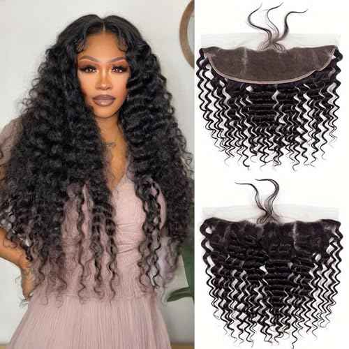 13x4 HD Lace Frontal Closure Deep Wave 18 Inch Ear To Ear Frontal Free Part Closure with Baby Hair Brazilian Virgin Curly Human Hair for Women Pre Plucked Frontals Closure Natural Black