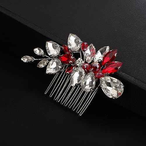 Teyglen Silver-Red Rhinestone Wedding Hair Comb, Alloy+Rhinestones+Crystal, Sparkly Rhinestone Style, Hair Accessories for Women and Girls