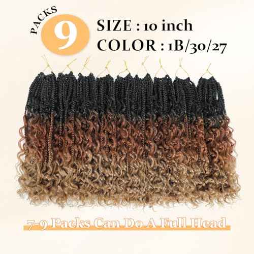 Goddess BoxBraids Crochet Hair 10'' Boho Crochet BoxBraids With Curly Ends,9 Packs Bohomian BoxBraids Crochet Hair For Black Women Pre Looped BoxBraids Crochet Hair (10'',1B/30/27)