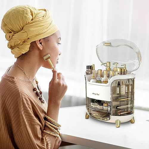 Makeup Organizer, Large Capacity Cosmetic Storage, Skincare Organizer with 2 Storage Drawers, Cosmetics Organizer for Skincare, Lipsticks, Perfume for Bathroom Countertop, Bedroom Dresser (White)