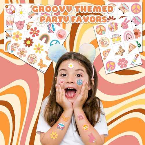 60PCS One Two Groovy 60s 70s Pre-Cut Temporary Tattoos for Kids Birthday Theme Party Supplies Decorations Favors Decor Super Cute Retro Hippie Rainbow Tattoo Stickers Gift for School Prizes Girls Boys